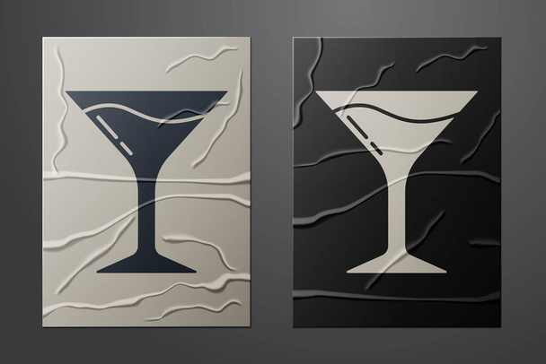 White Martini glass icon isolated on crumpled paper background. Cocktail icon. Wine glass icon. Paper art style. Vector. - Vector, Image