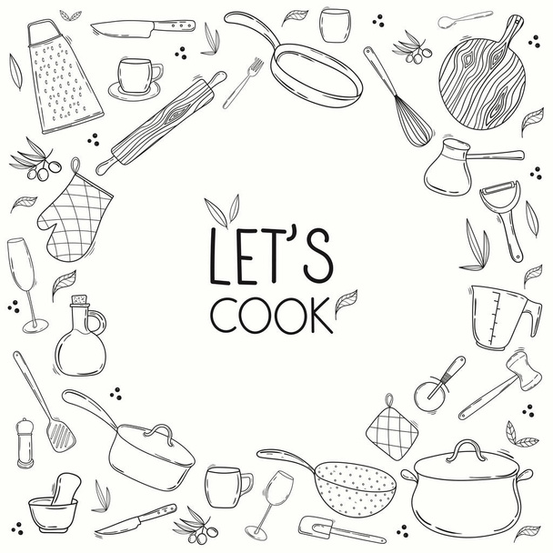 Handgezeichnete Sammlung von Küchenutensilien und Geschirr. Zeilenkunst, Doodle Kochgeräterahmen, Kreisform im Inneren. Schrift - Lets cook - Vektor, Bild