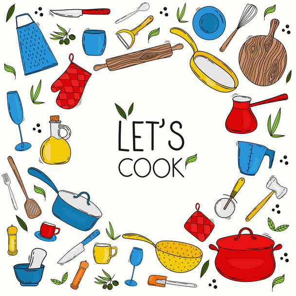 Χειροποίητη συλλογή από πολύχρωμα σκεύη κουζίνας και επιτραπέζια σκεύη. Cartoon στυλ, doodle Μαγειρική πλαίσιο εξοπλισμού, σχήμα κύκλου στο εσωτερικό. Γράμματα - Αφήνει να μαγειρεύουν - Διάνυσμα, εικόνα
