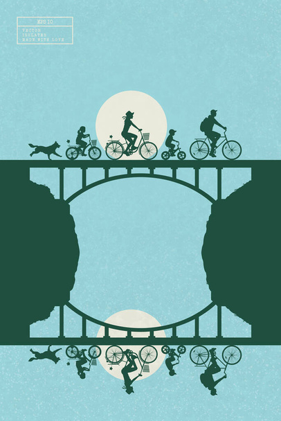People on bikes. Cyclists silhouettes on bridge. Family road trip - Vector, Image