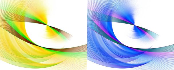 A collection of abstract fractal backgrounds with yellow and blue transparent curved planes arranged diagonally on a white background. 3d rendering. 3d illustration. - Fotografie, Obrázek