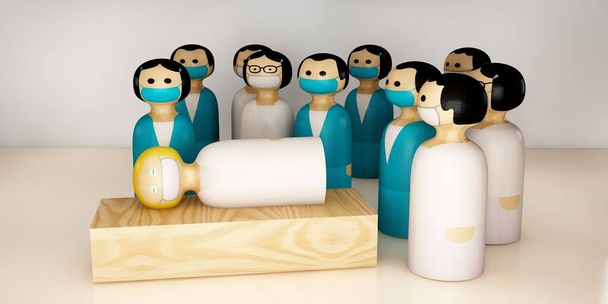 Medizinische Holzfiguren teilen Meinungen über den Patienten - 3D-Darstellung - Foto, Bild