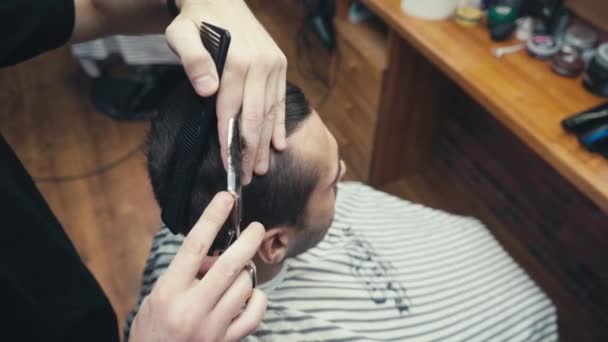 Вид сверху на клиента парикмахерской для стрижки волос  - Кадры, видео