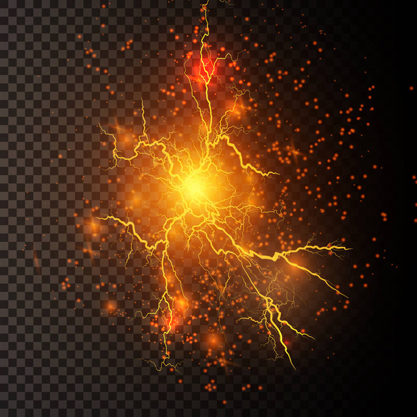 Bliksemflits licht donder vonken op een transparante achtergrond.Vuur en ijs fractal bliksem, plasma power backgroundvector illustratie - Vector, afbeelding