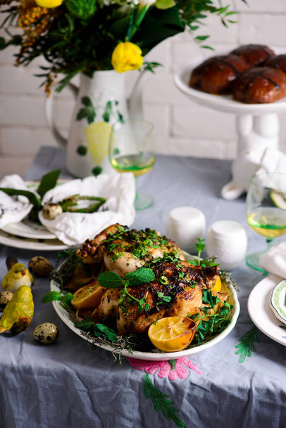 Easter chickens with herbs and lemon..style rustic.selective focus - Фото, зображення