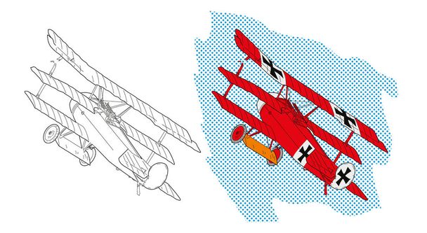 Ilustración vectorial de un avión rojo de la Primera Guerra Mundial sobre el cielo azul. Diseño para libros infantiles. - Vector, Imagen