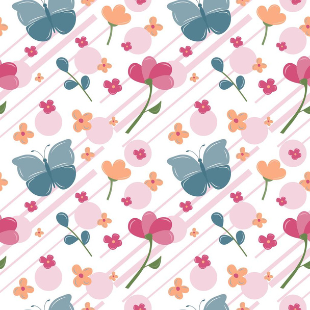 Seamless pattern with cute spring flowers and beautiful butterfly. Pastel colors. For textiles, wallpaper, paper and scrapbooking. Vector illustration isolated on white background. - Вектор,изображение