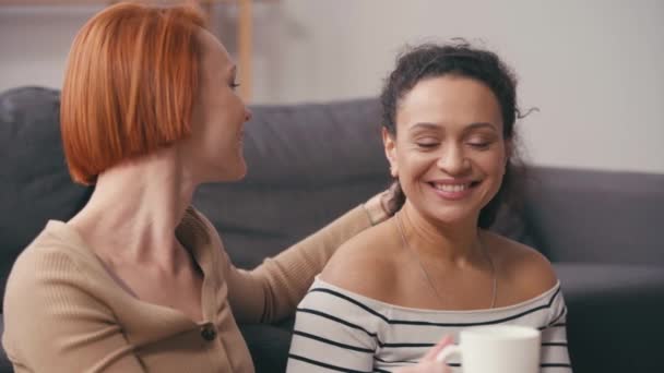 redhead woman touching hair and talking with hispanic girlfriend drinking coffee - Filmati, video