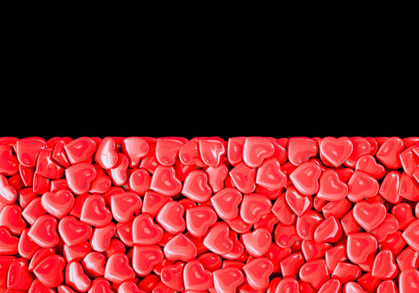 A rectangle of red hearts on a black background. Valentines Day. Black background. 3D rendering. - Photo, Image