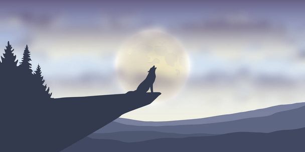wolf howls at full moon nature landscape - Vector, Image