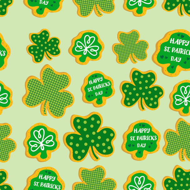 St Patrick's Day cookies set seamless pattern. Ginger cookie with shamrock glaze. Shamrock St. Patricks Day Sugar Cookies. Collection of various holiday cookies. Symbol of St. Patrick's Day - Vector, afbeelding