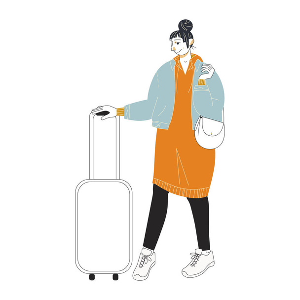 The girl who holds the suitcase. Illustration in flat minimalistic style. Vector. - ベクター画像