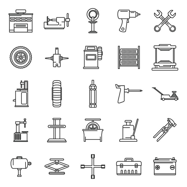 Tire fitting tool icons set, outline style - Διάνυσμα, εικόνα