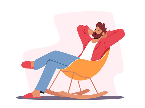Relaxált férfi karakter otthon Ruhák és papucs ül kényelmes szék ásítás, férfi szabadidő otthon munka után - Vektor, kép