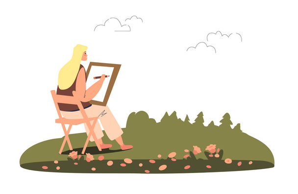 Genç kadın ressam açık havada resim yaratıyor, kadın plein hava sanatçısı manzara çiziyor - Vektör, Görsel