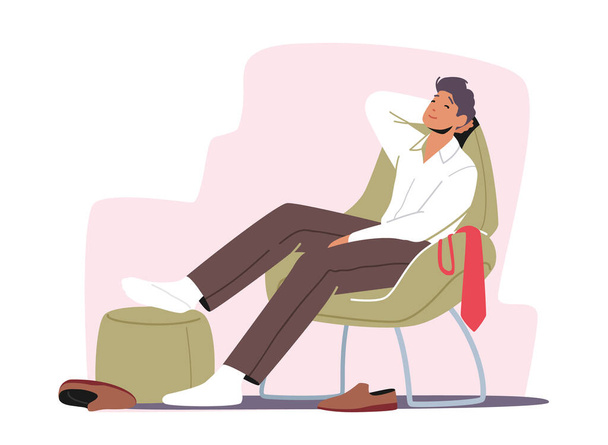 Relax Sparetime Konzept. Müder Geschäftsmann Charakter sitzt in bequemen Stuhl mit Beinen auf Hocker und Streuschuhe - Vektor, Bild