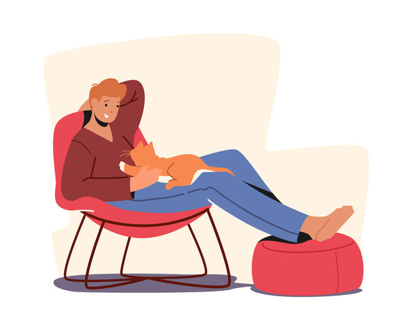 Σχεδιασμός επίπλων, Χαλαρωτικό Sparetime. Χαλαρωμένος χαρακτήρας με γάτα στα χέρια που κάθεται σε άνετη καρέκλα με τα πόδια για Pouf - Διάνυσμα, εικόνα