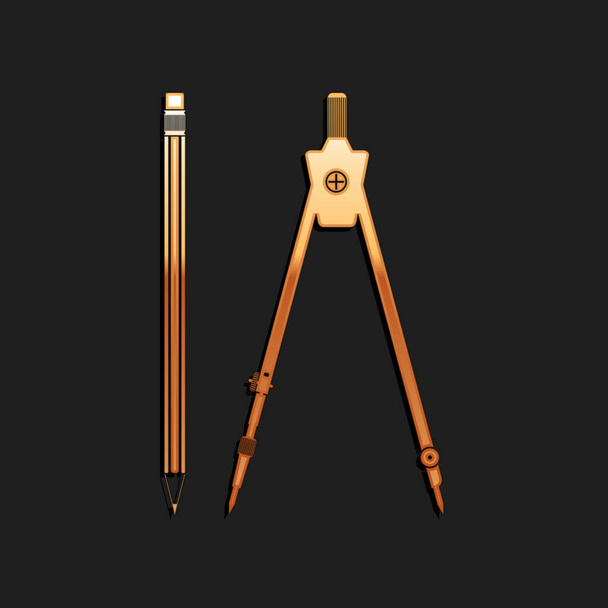 Gold Drawing compass and pencil icon isolated on black background. Education sign. Drawing and educational tools. Geometric equipment. School office. Long shadow style. Vector. - Vector, Image
