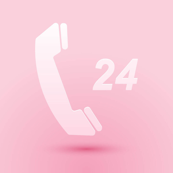 Carta tagliata Telefono 24 ore icona di supporto isolato su sfondo rosa. Call center di assistenza clienti tutto il giorno. Stile cartaceo. Vettore. - Vettoriali, immagini