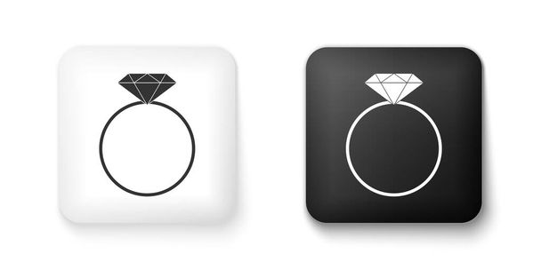Icono de anillo de compromiso Diamante blanco y negro aislado sobre fondo blanco. Botón cuadrado. Vector. - Vector, imagen