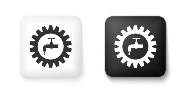 Black and white Gearwheel with tap icon isolated on white background. Plumbing work symbol. Square button. Vector. - Vector, Image