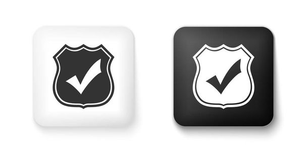 Black and white Shield with check mark icon isolated on white background. Protection, safety, security, protect, defense concept. Tick mark approved icon. Square button. Vector. - Vector, Image