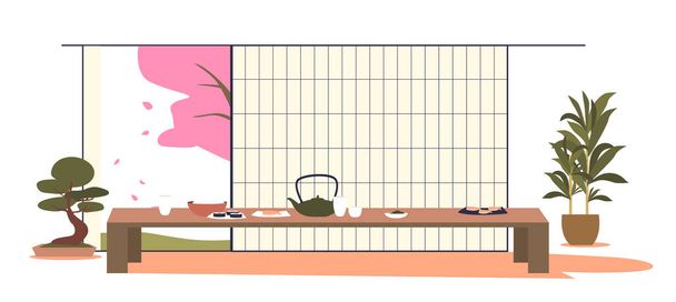 Interior japonés: comedor oriental con mesa, tetera y cocina tradicional oriental - Vector, imagen