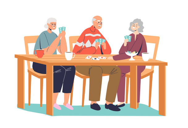 Iloiset seniorit pelaavat korttia. Vanhemmat ystävät kokoontuvat lautapelejä - Vektori, kuva