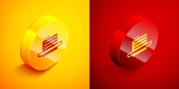 Isometric Medovik icon isolated on orange and red background. Honey layered cake or russian cake Medovik on plate. Circle button. Vector. - Vector, Image