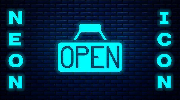 Glowing neon Hanging sign with text Open door icon isolated on brick wall background.  Vector. - Vector, Image