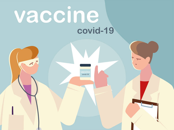 female physicians characters with vaccine covid 19 - Vector, Image