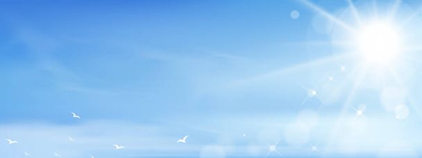 Ciel bleu avec soleil brillant, oiseau volant sur des nuages altostratus, Vector Cartoon sky with fluffy cirrus cloud, Concept de bannière d'horizon saisonnier par temps ensoleillé au printemps et en été le matin - Vecteur, image