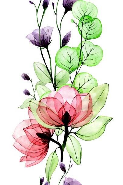 nahtloser Rand, Rahmen aus transparenten Aquarellblumen. rosa Wildrosenblüten, violette Wildblumen und grüne Eukalyptusblätter. Dekoration für Hochzeit, Grußkarte. Vintage-Design - Foto, Bild