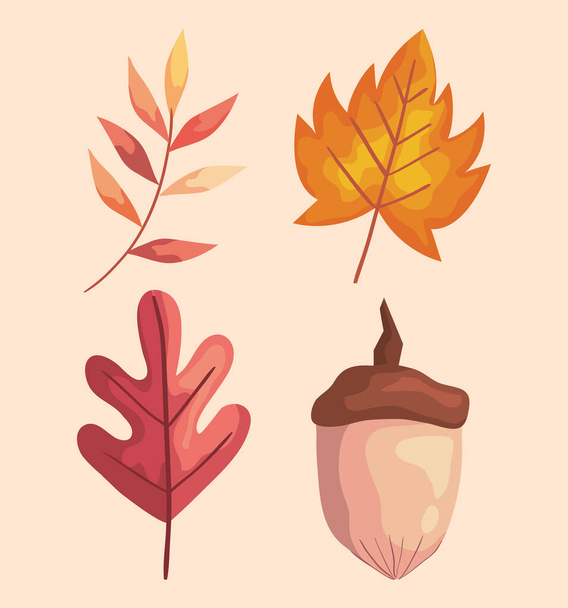 herfst bladeren en tak met noten pictogrammen - Vector, afbeelding