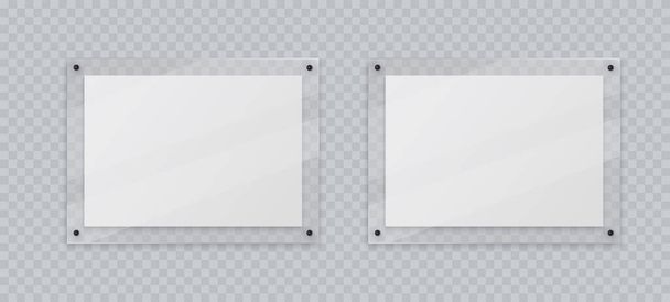 Acrylic frame mockup, two horizontal glass plate for poster of photo, realistic mockup isolated hanging on transparent wall. White blank banners on plexiglass display, 3d vector illustration. - Vektor, Bild