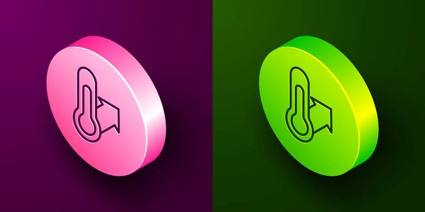 Isometric line Meteorology thermometer measuring icon isolated on purple and green background. Thermometer equipment showing hot or cold weather. Circle button. Vector. - Vector, Image