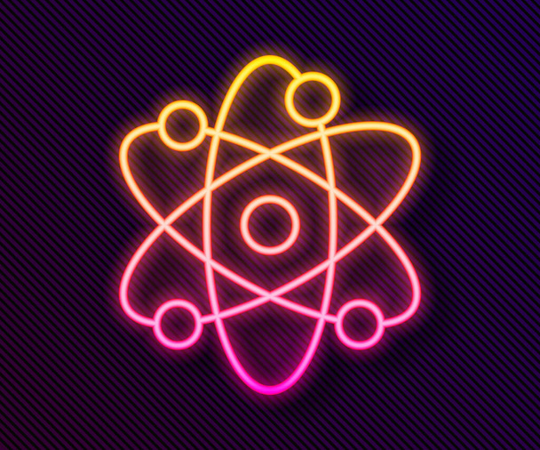 Icona luminosa al neon linea Atomo isolato su sfondo nero. Simbolo di scienza, educazione, fisica nucleare, ricerca scientifica. Vettore. - Vettoriali, immagini