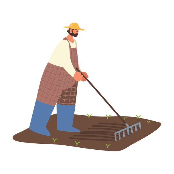 фермер и сельхозпроизводитель расчистит почву перед посадкой - Вектор,изображение
