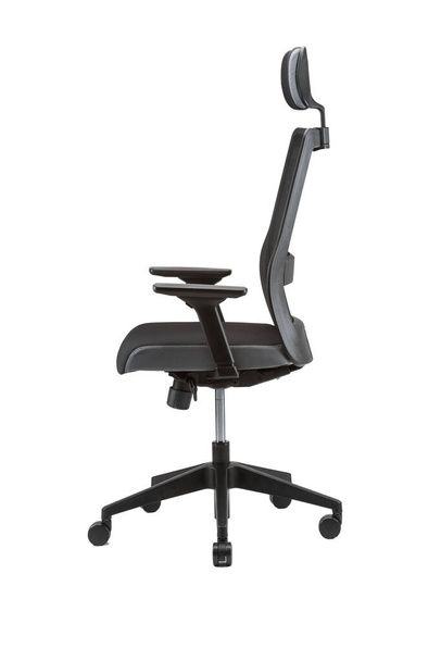 A vertical side view of black office chair with headrest isolated on white background - Fotó, kép