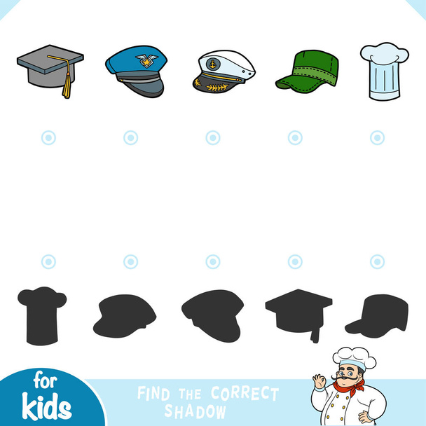 Find the correct shadow, education game for children. Set of hats - Vector, Image