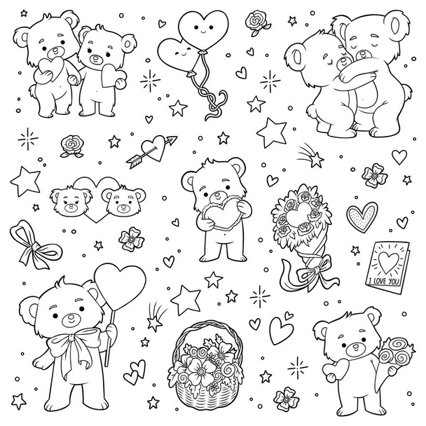 Black and white set of love bears. Vector cartoon Valentines day character collection - Vector, Image
