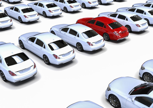 3D renderizar imagem de um monte de carros brancos com um vermelho no meio representando ser conceito diferente - Foto, Imagem