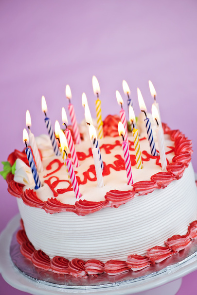 Birthday cake with lit candles - Zdjęcie, obraz