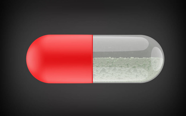 cápsula de droga roja y blanca con pequeñas bolas en el interior visibles a través del plástico transparente. 3d renderizar - Foto, imagen