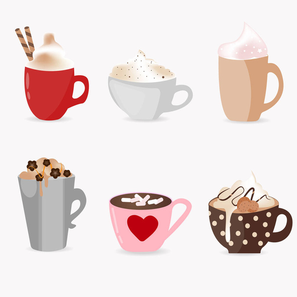 Super carino set di tazze di caffè, con diversi tipi di bevande, cappuccino, cacao e decorazioni colorate. Tavolozza pastello - Vettoriali, immagini