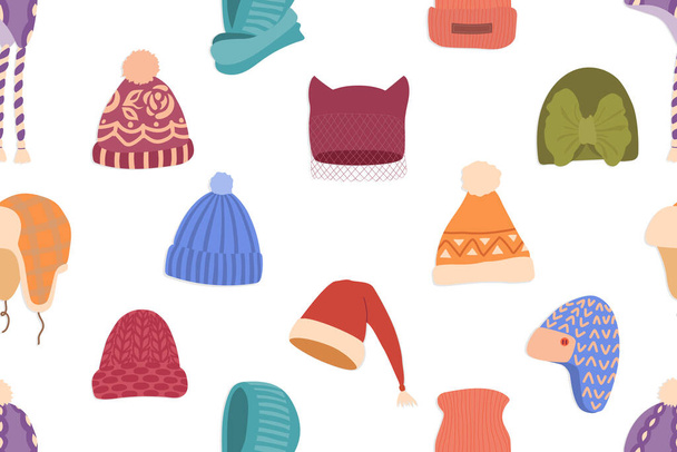 白地に様々なタイプの冬の帽子のコレクション - ベクター画像