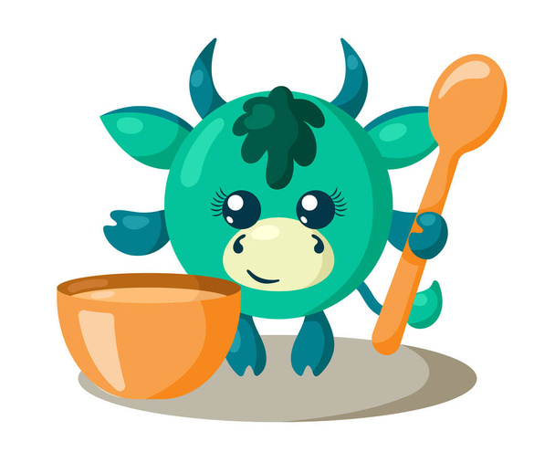 Αστεία χαριτωμένο Kawaii ταύρος ή αγελάδα με στρογγυλό σώμα, κουτάλι και μπολ σε επίπεδη σχεδίαση με σκιές. Απομονωμένη απεικόνιση φορέων σε ζώα - Διάνυσμα, εικόνα