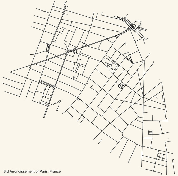 Czarna prosta szczegółowa mapa ulic na beżowym tle trojmu sąsiedzkiego, 3. dzielnica Paryża, Francja - Wektor, obraz