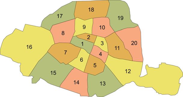 Simple vector pastel mapa con bordes negros y números de arrondissements de París, Francia - Vector, Imagen