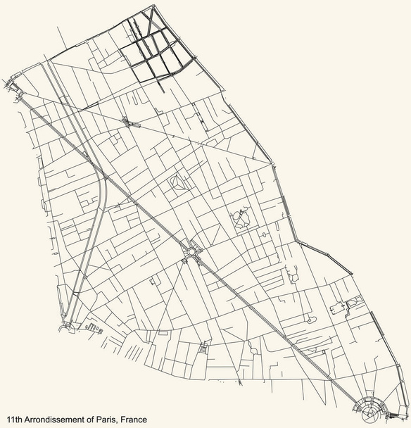 Czarna prosta szczegółowa mapa ulic na beżowym tle dzielnicy onzime, 11. dzielnica Paryża, Francja - Wektor, obraz